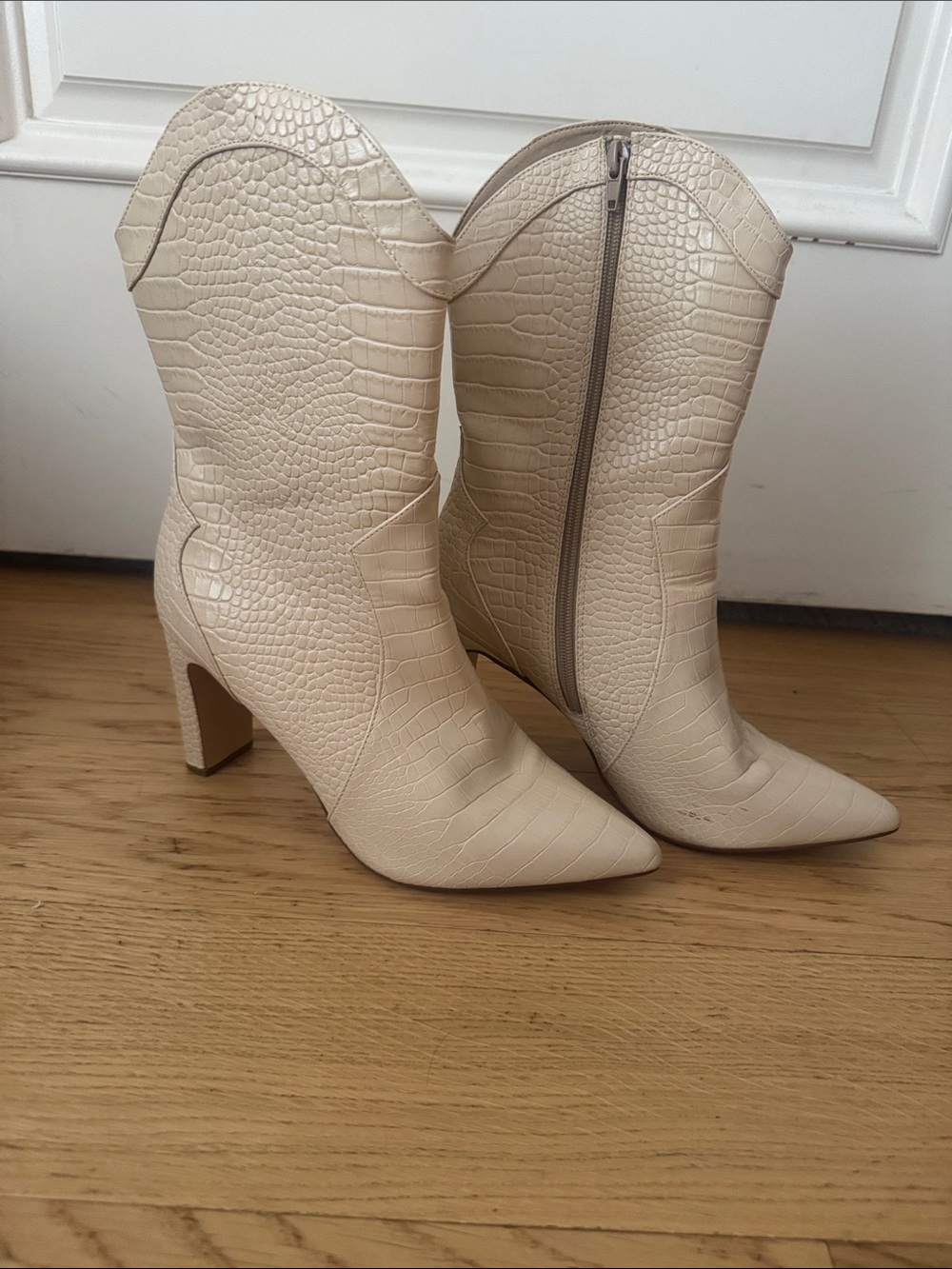 CL by Chinese Laundry Cream Croc-Embossed Pointed-Toe Mid-Calf Heeled Boots
